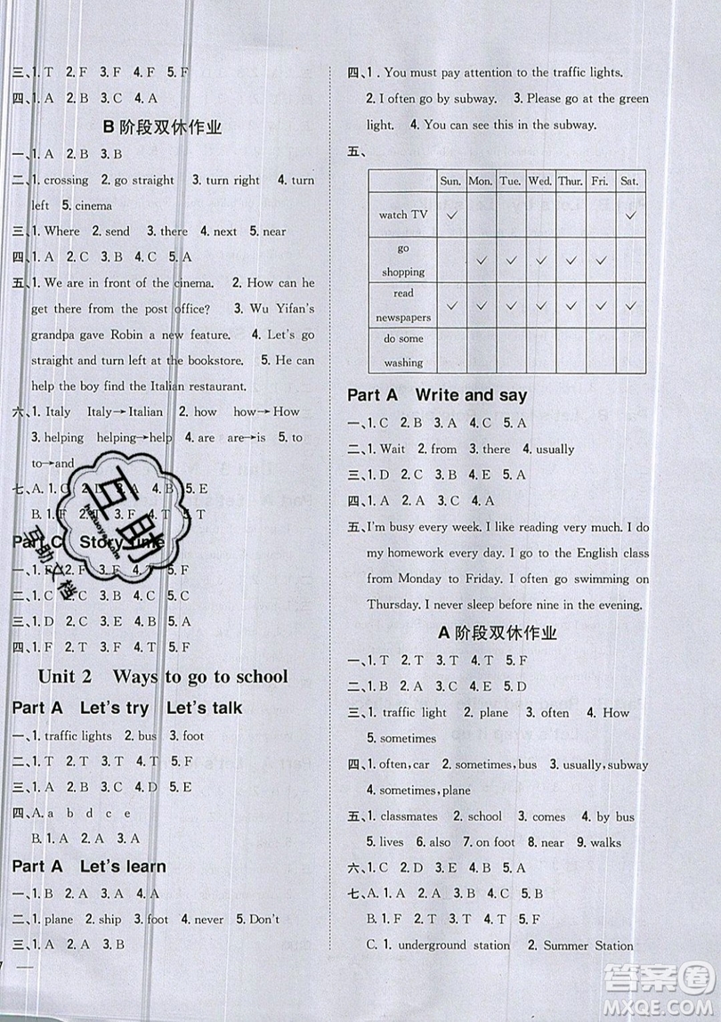 吉林人民出版社2019小學(xué)題幫英語六年級上冊新課標人教PEP版參考答案