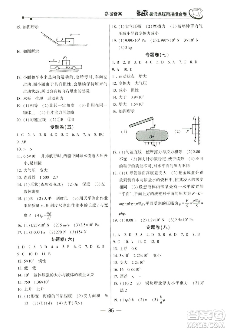 讀者書苑2019快樂暑假課程銜接組合卷八年級物理人教版答案