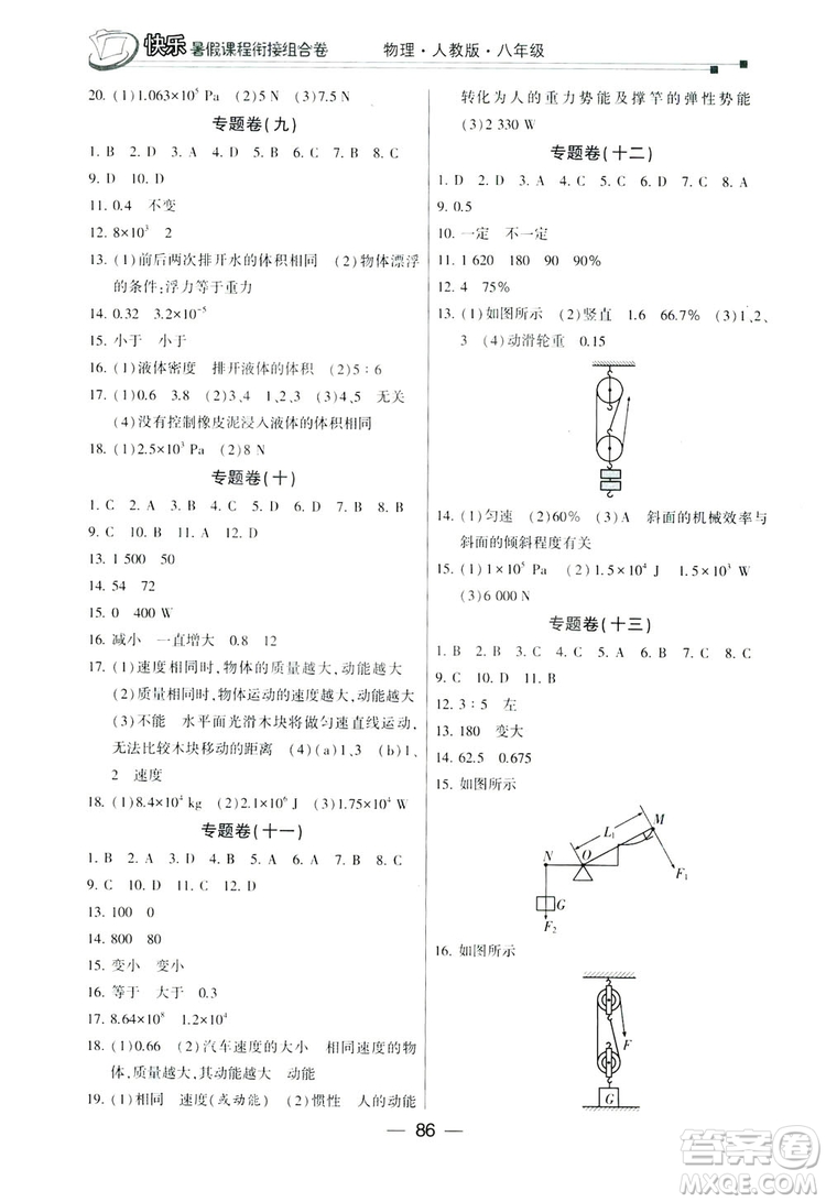 讀者書苑2019快樂暑假課程銜接組合卷八年級物理人教版答案