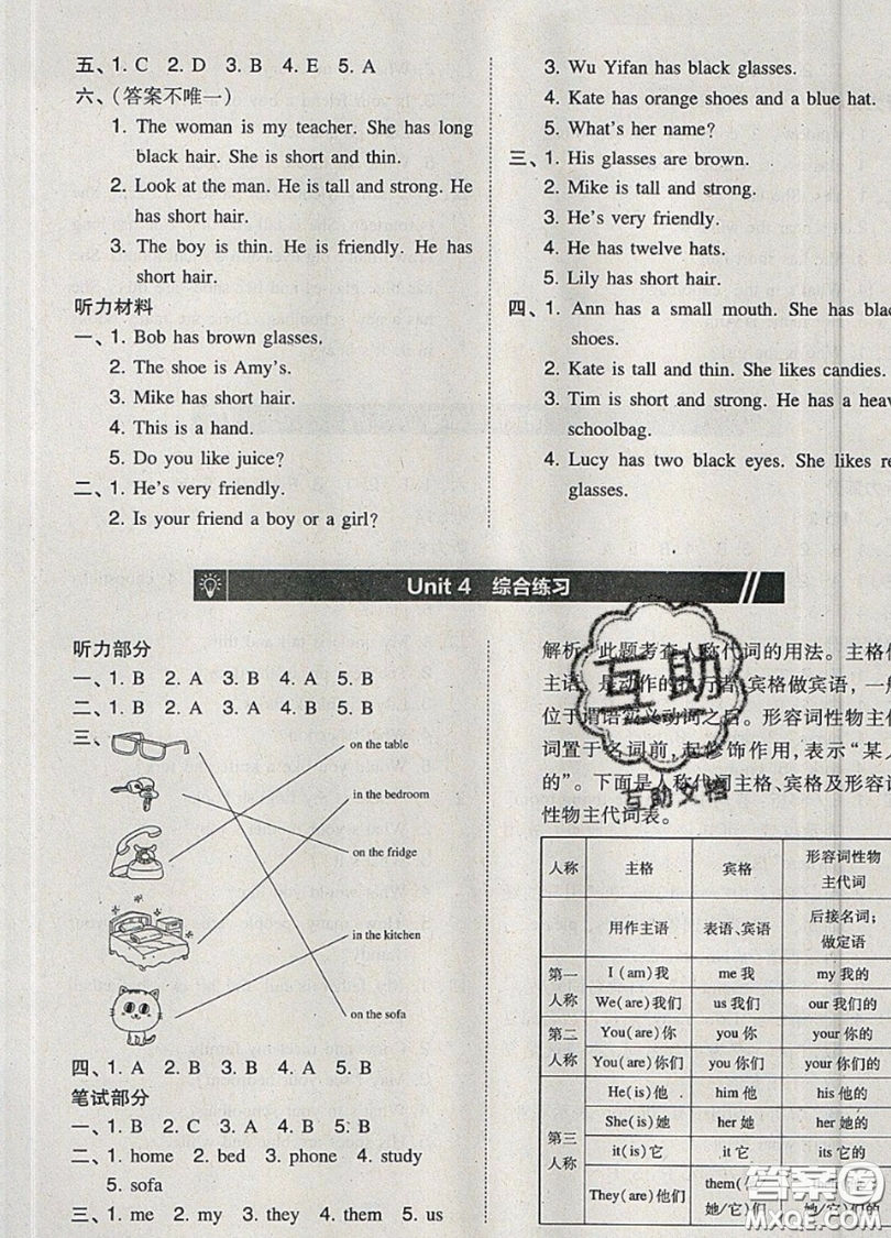 2019北大綠卡課時同步訓練四年級上冊英語人教PEP版參考答案