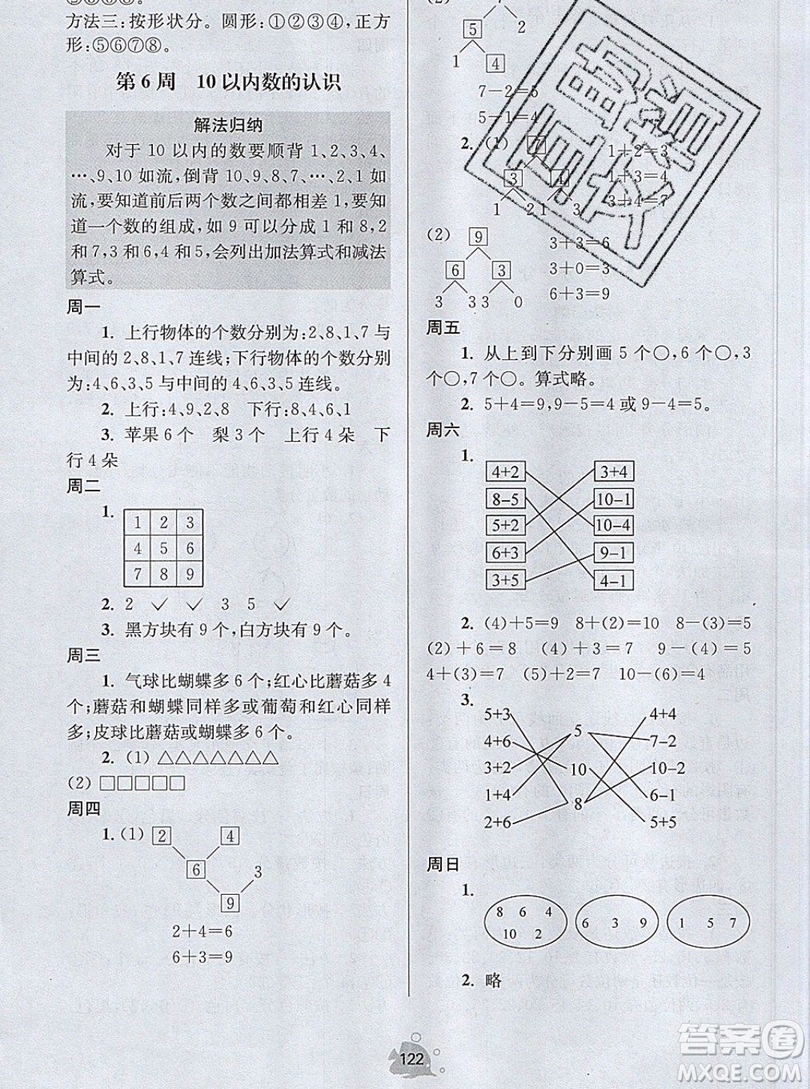 2019年數(shù)學(xué)思維小狀元一年級(jí)上冊(cè)A版答案