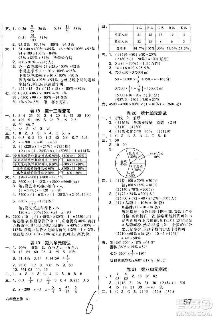 全品小復(fù)習(xí)2019年小學(xué)數(shù)學(xué)六年級上冊人教版RJ參考答案