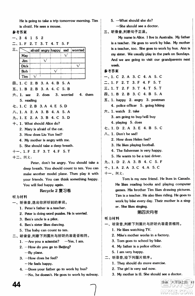 2019年全品小復(fù)習(xí)小學(xué)英語六年級(jí)上冊(cè)人教版RJ參考答案