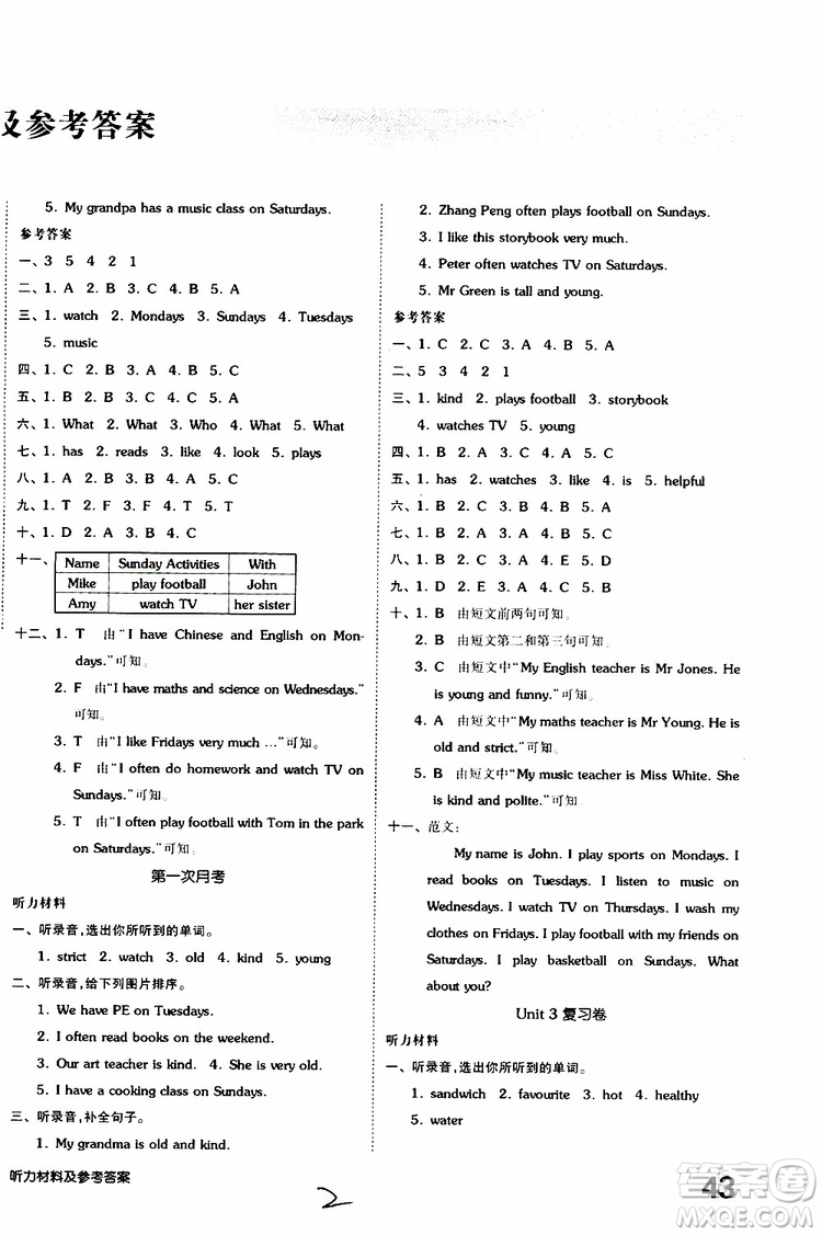 2019年全品小復(fù)習(xí)小學(xué)英語五年級(jí)上冊(cè)人教版RJ參考答案