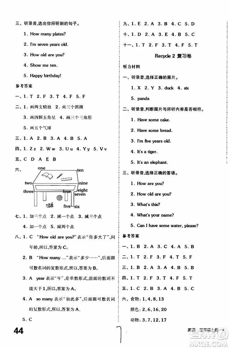 全品小復(fù)習(xí)2019年小學(xué)英語三年級上冊人教版RJ參考答案