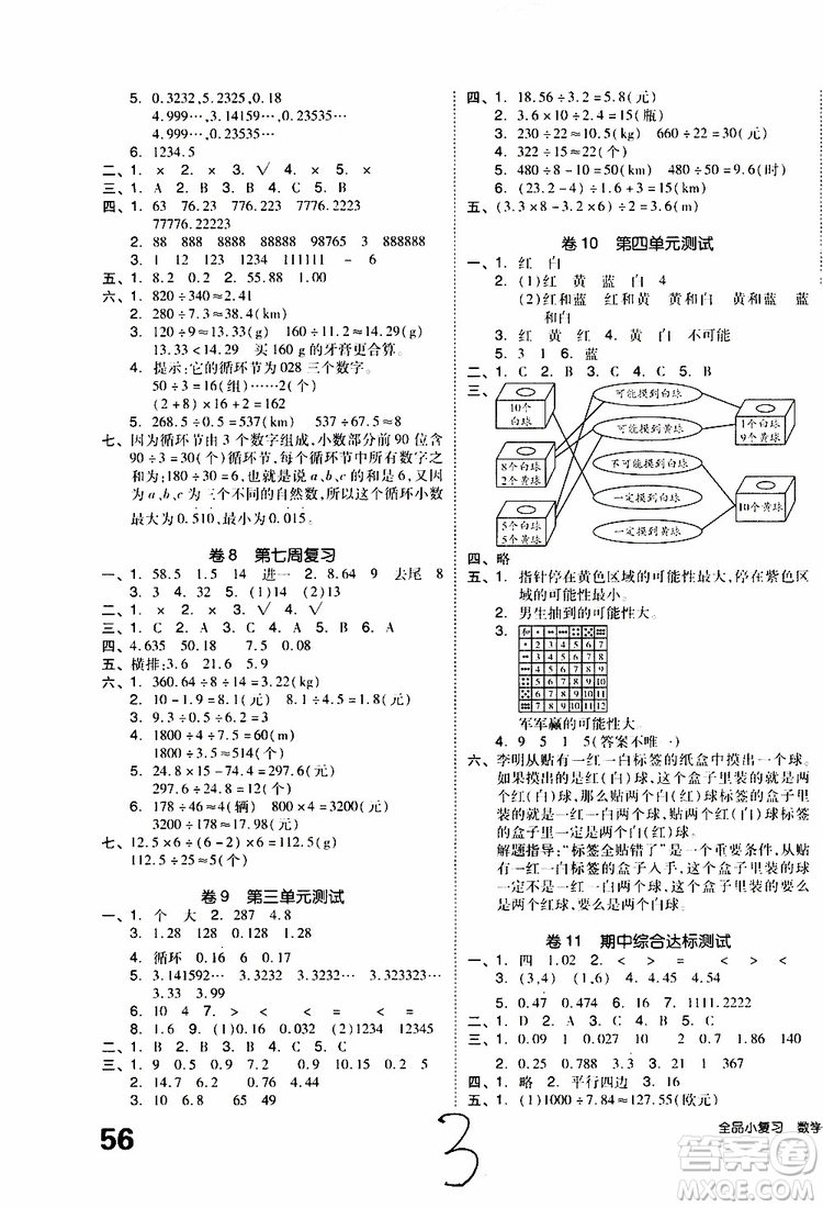 2019年全品小復(fù)習小學(xué)數(shù)學(xué)五年級上冊人教版RJ參考答案