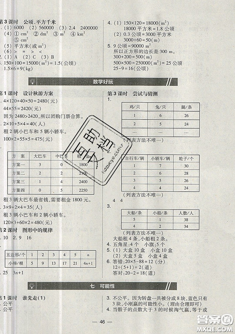 2019北大綠卡課時同步訓練五年級上冊數(shù)學北師大深圳專版參考答案