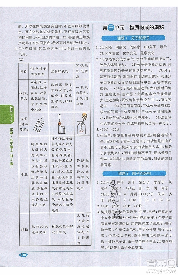 2019秋教材1+1全解精練九年級化學上冊RJ版人教版參考答案