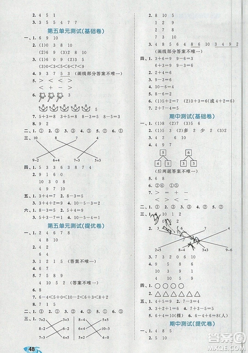 西安出版社小兒郎2019曲一線53全優(yōu)卷小學(xué)數(shù)學(xué)一年級(jí)上冊(cè)人教RJ版答案