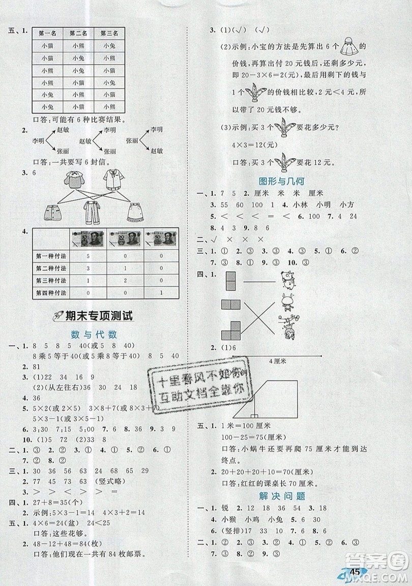 西安出版社小兒郎2019曲一線53全優(yōu)卷小學數(shù)學二年級上冊人教RJ版答案