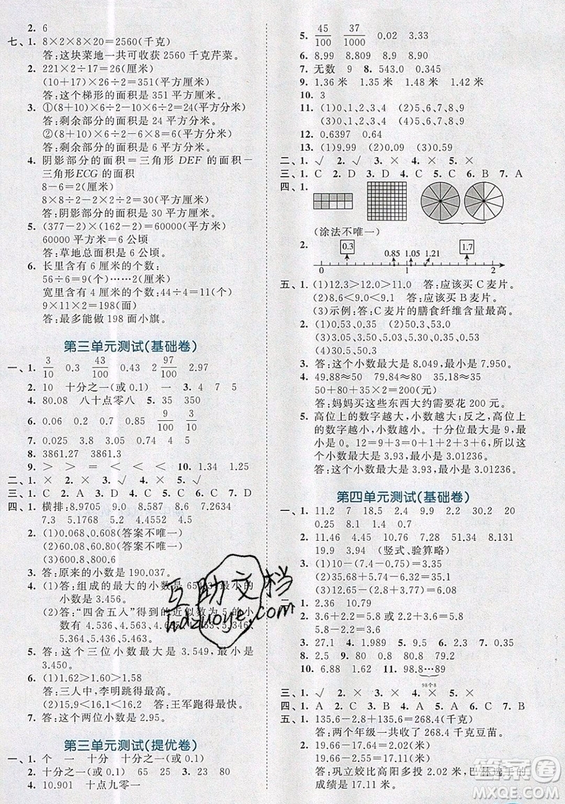 西安出版社小兒郎2019曲一線53全優(yōu)卷小學(xué)數(shù)學(xué)五年級(jí)上冊蘇教SJ版參考答案