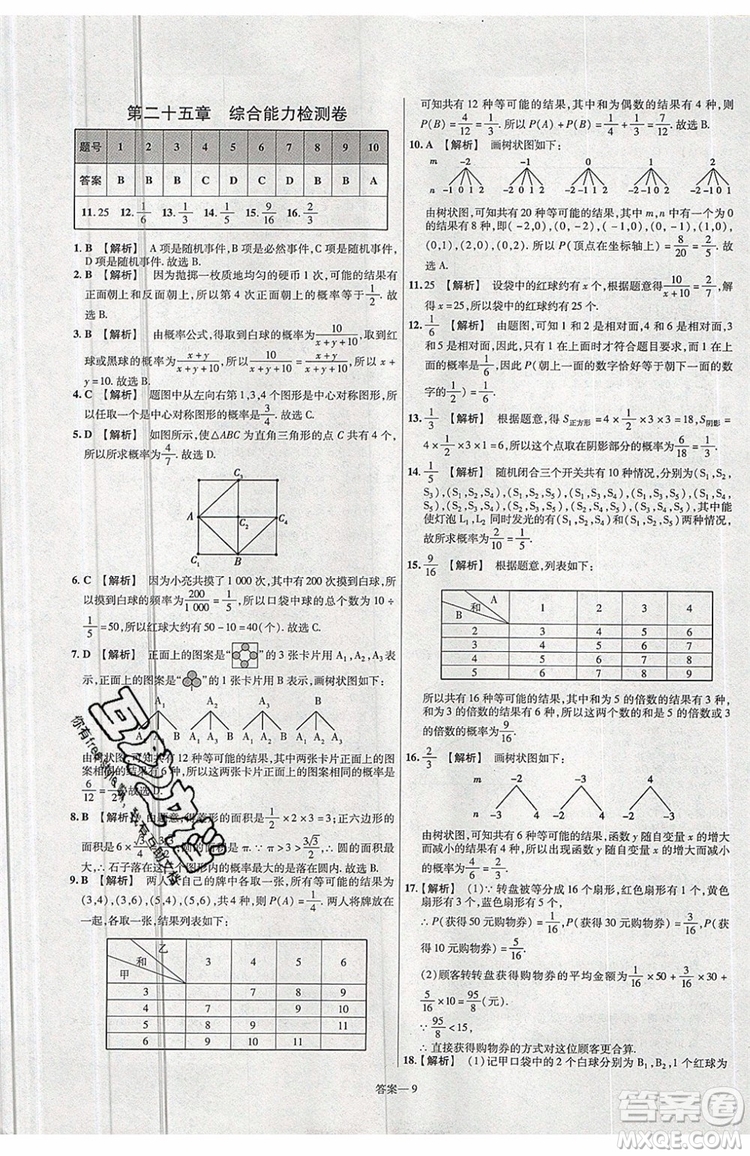 天星教育2020版初中數(shù)學一遍過九年級上RJ版人教版參考答案