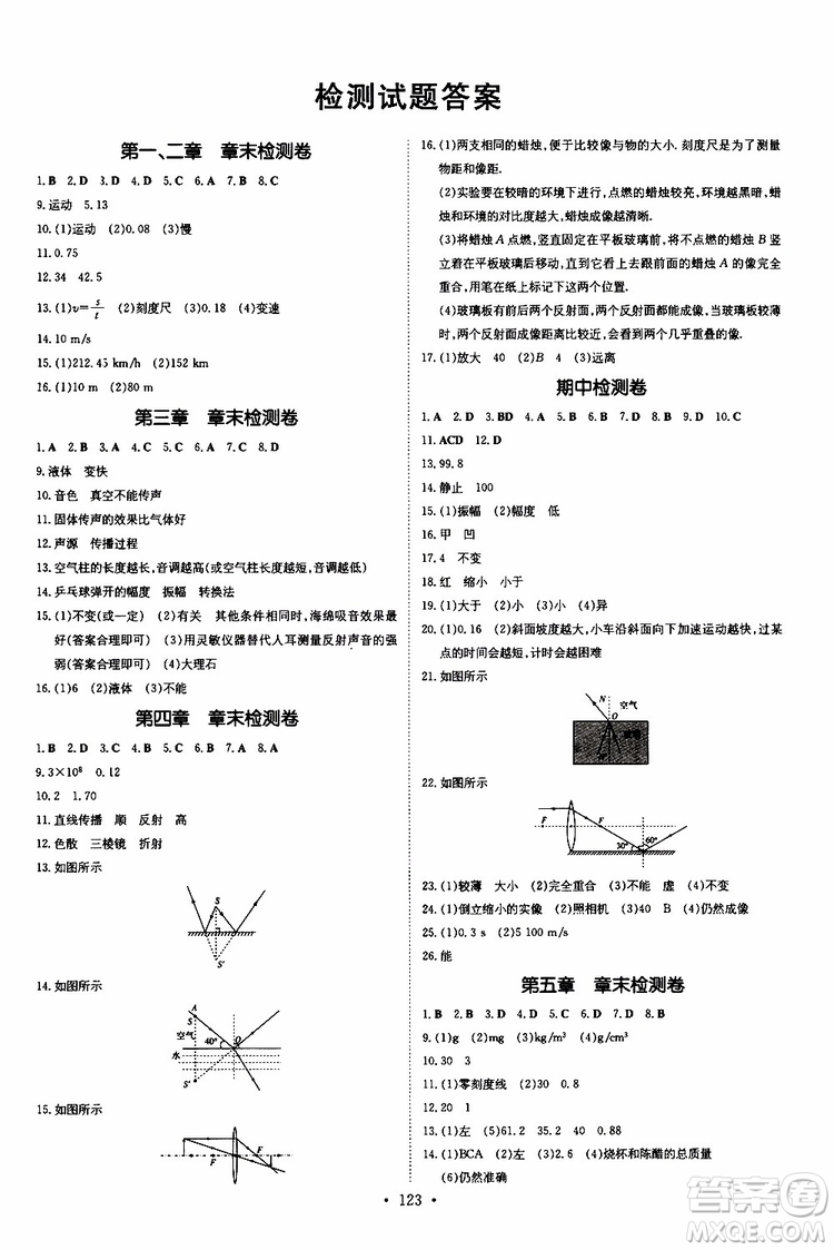 2020版導與練練案課時作業(yè)本物理八年級上冊HK滬科版參考答案