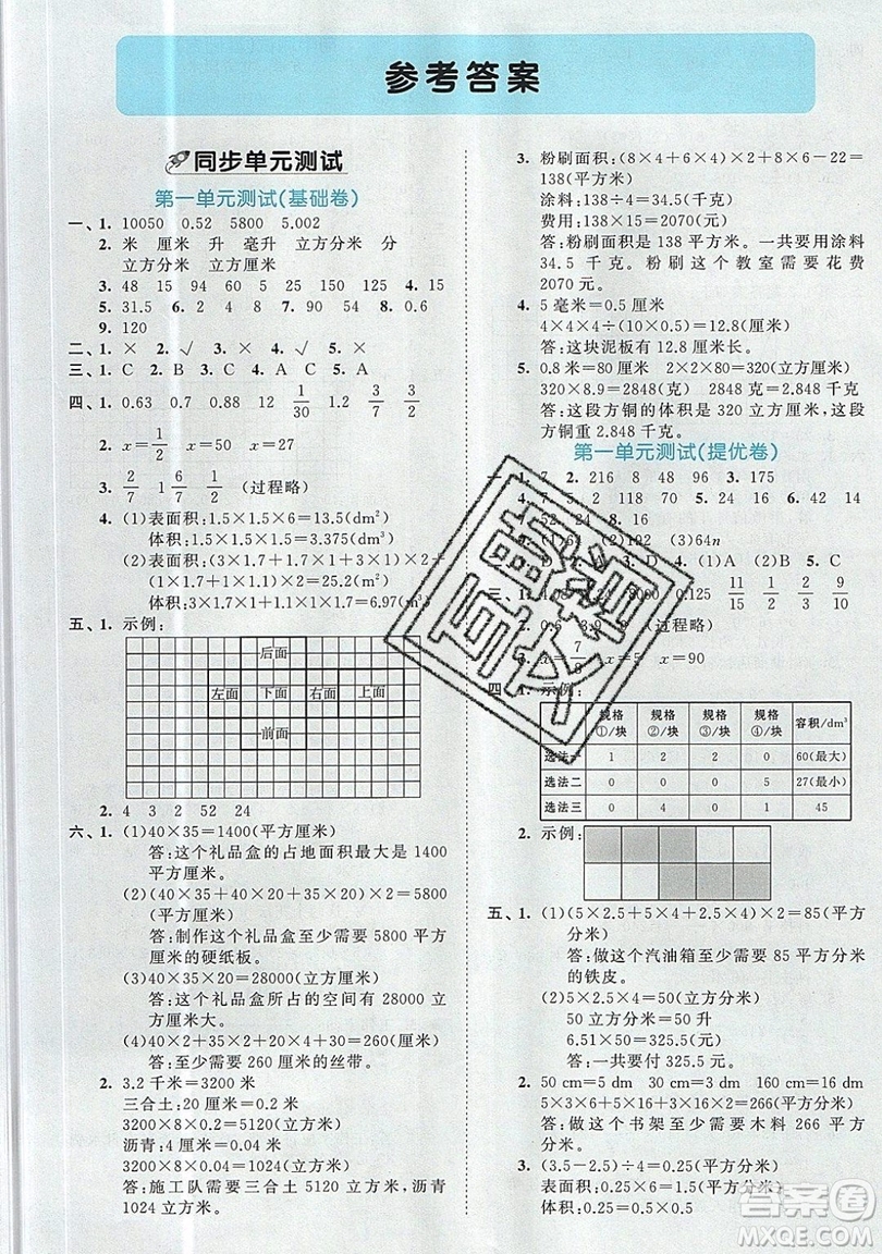 西安出版社小兒郎2019曲一線53全優(yōu)卷小學數(shù)學六年級上冊蘇教SJ版參考答案