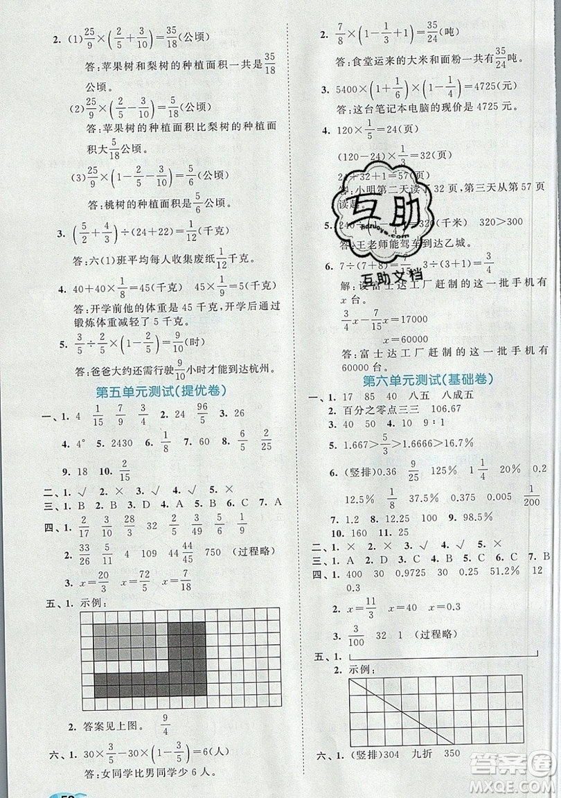 西安出版社小兒郎2019曲一線53全優(yōu)卷小學數(shù)學六年級上冊蘇教SJ版參考答案