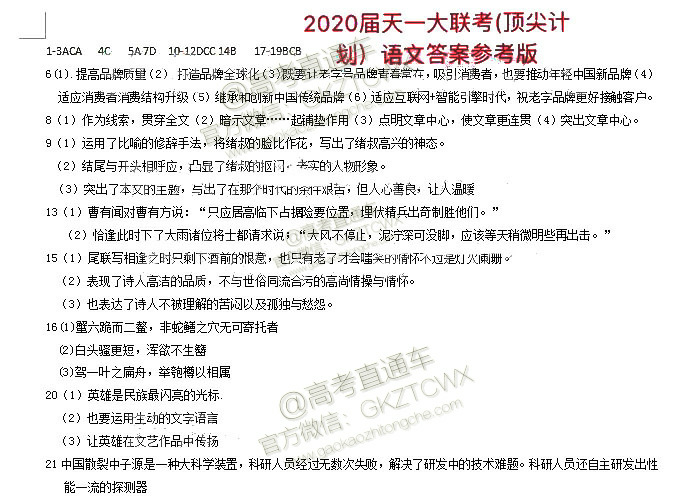 天一大聯(lián)考頂尖計(jì)劃2020屆高中畢業(yè)班第一次考試語文試題及答案