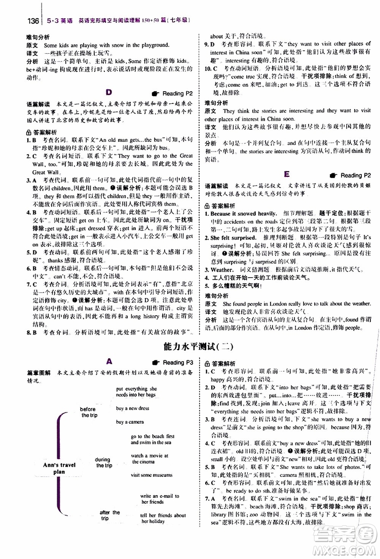 曲一線2020版53英語七年級通用版英語完形填空與閱讀理解150+50篇參考答案