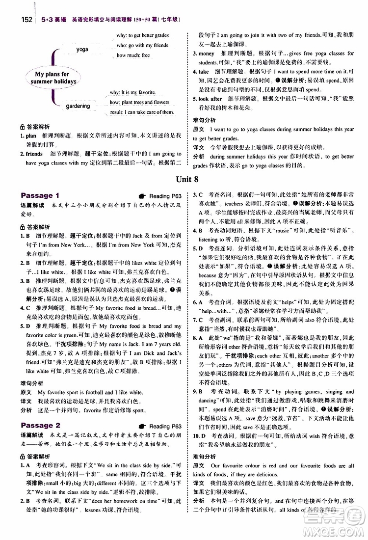 曲一線2020版53英語七年級通用版英語完形填空與閱讀理解150+50篇參考答案