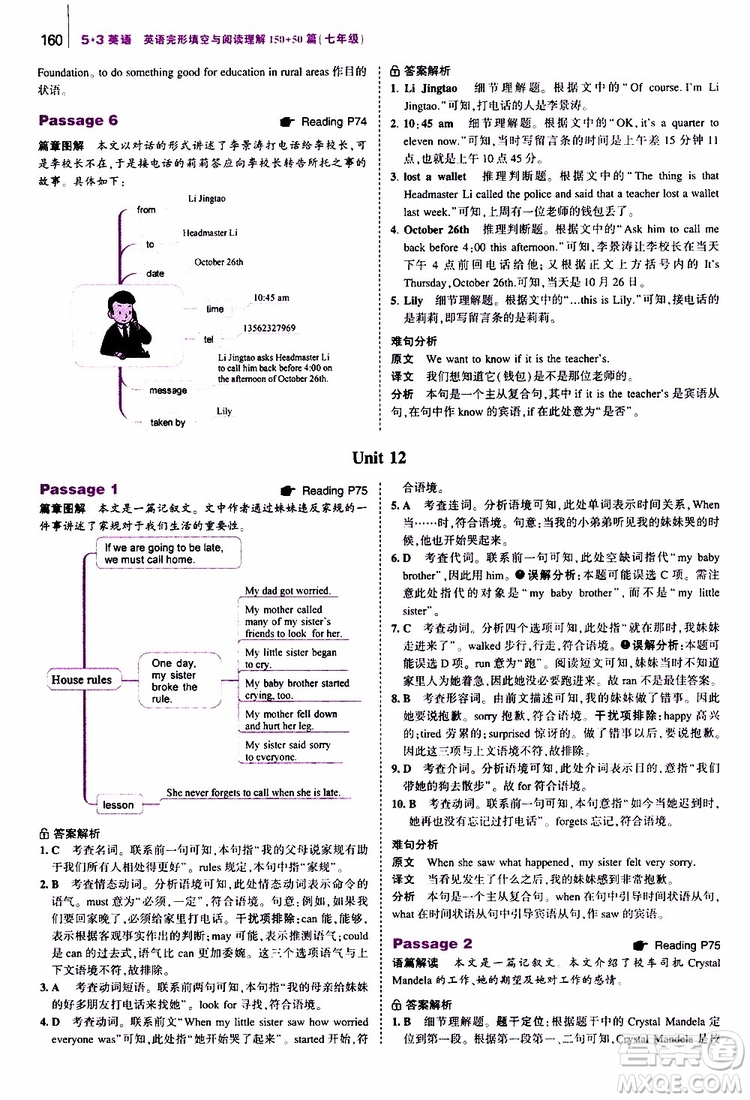 曲一線2020版53英語七年級通用版英語完形填空與閱讀理解150+50篇參考答案