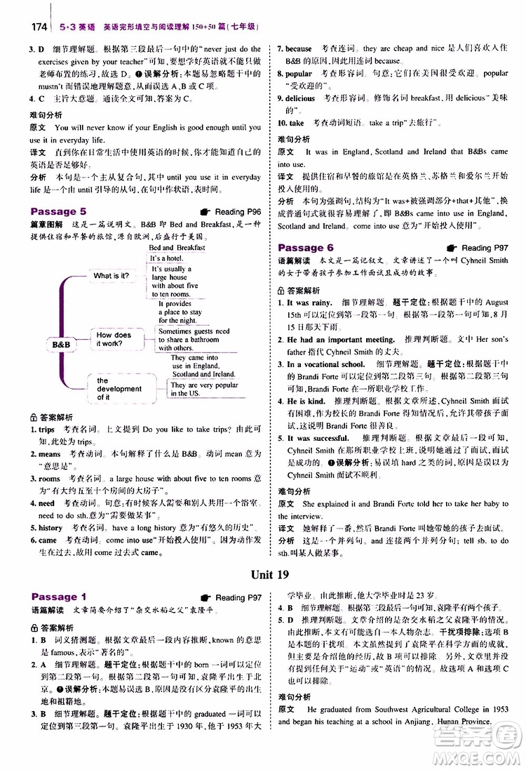 曲一線2020版53英語七年級通用版英語完形填空與閱讀理解150+50篇參考答案