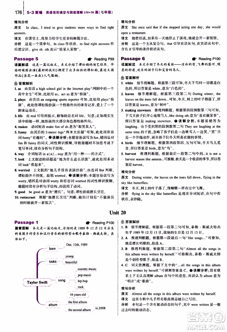 曲一線2020版53英語七年級通用版英語完形填空與閱讀理解150+50篇參考答案