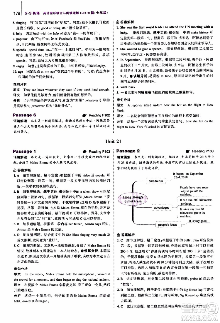 曲一線2020版53英語七年級通用版英語完形填空與閱讀理解150+50篇參考答案