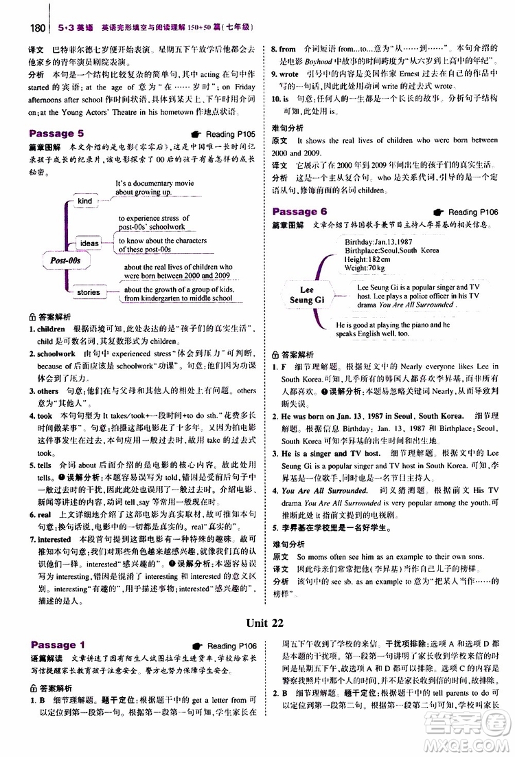 曲一線2020版53英語七年級通用版英語完形填空與閱讀理解150+50篇參考答案