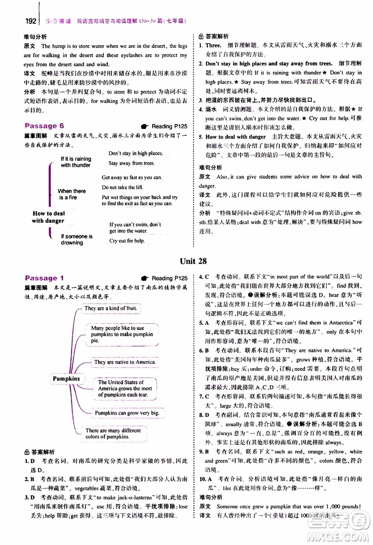 曲一線2020版53英語七年級通用版英語完形填空與閱讀理解150+50篇參考答案