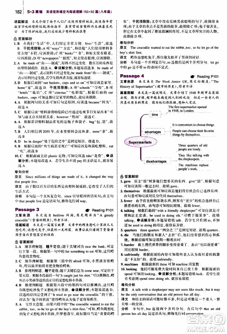 曲一線2020版53英語八年級通用版英語完形填空與閱讀理解150+50篇參考答案