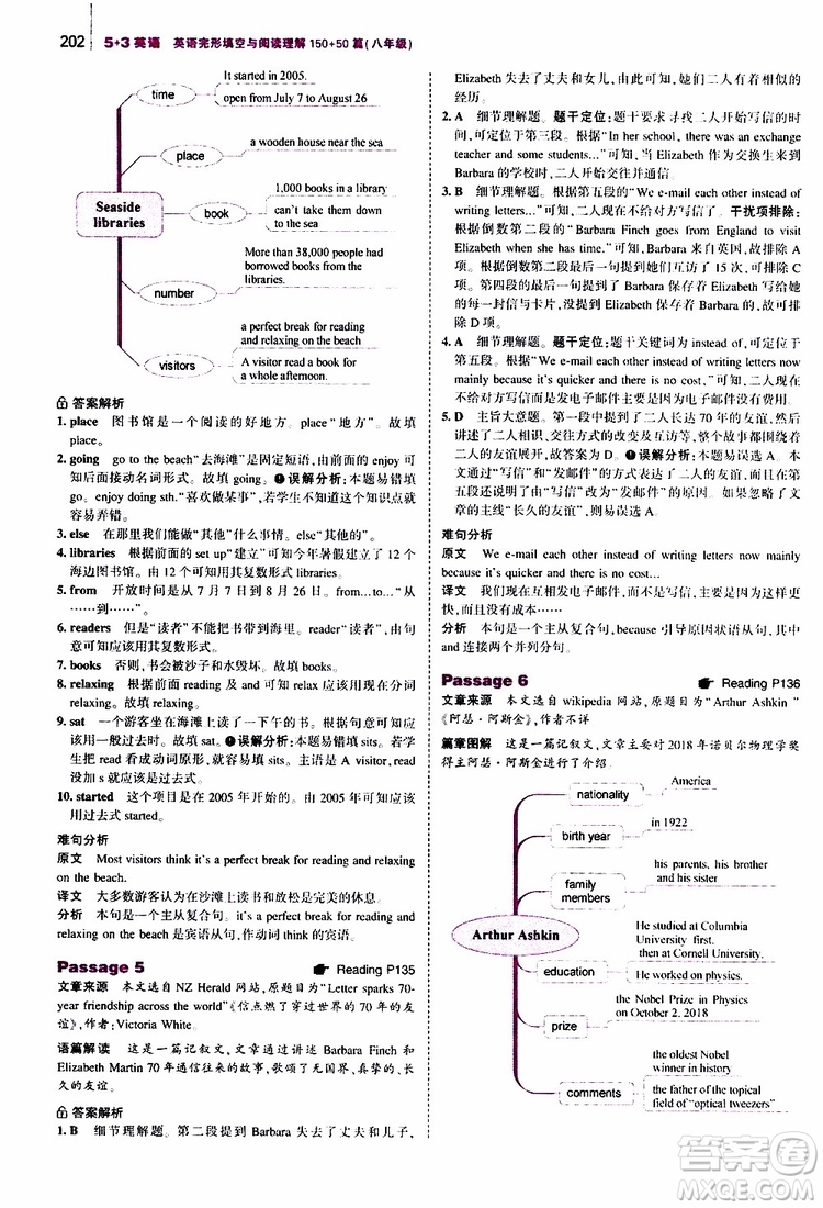 曲一線2020版53英語八年級通用版英語完形填空與閱讀理解150+50篇參考答案