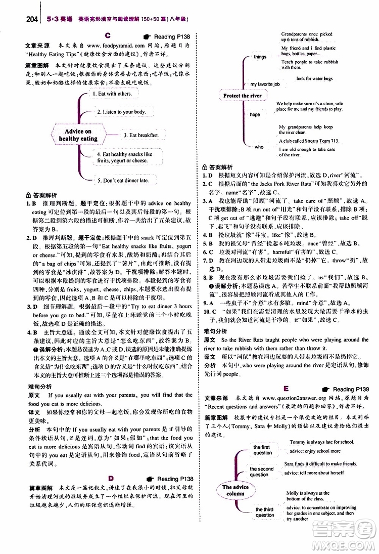 曲一線2020版53英語八年級通用版英語完形填空與閱讀理解150+50篇參考答案