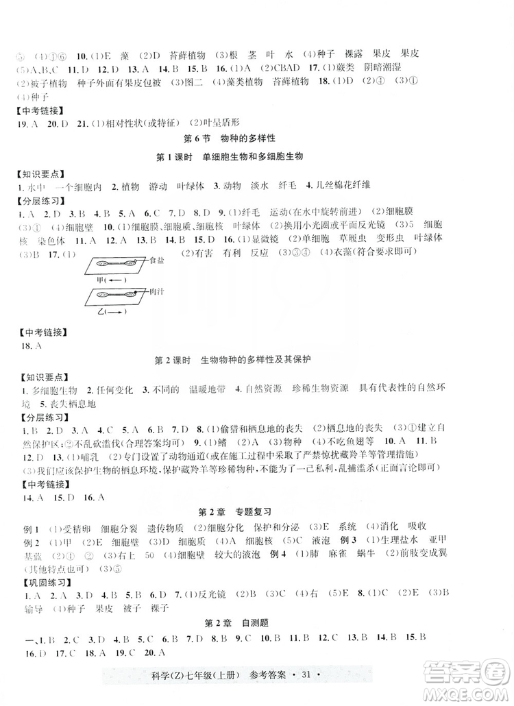 浙江工商大學(xué)出版社2019習(xí)題e百課時(shí)訓(xùn)練七年級(jí)科學(xué)上冊浙教B版答案