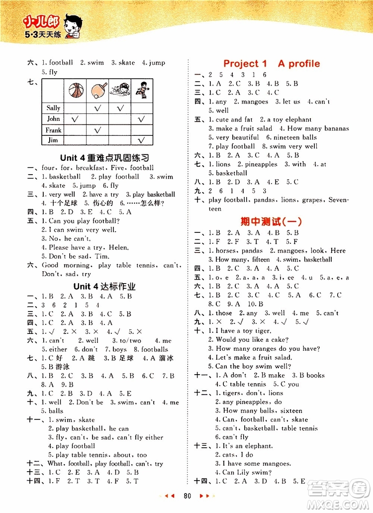 小兒郎2019秋新版53天天練英語四年級上冊YL譯林版參考答案