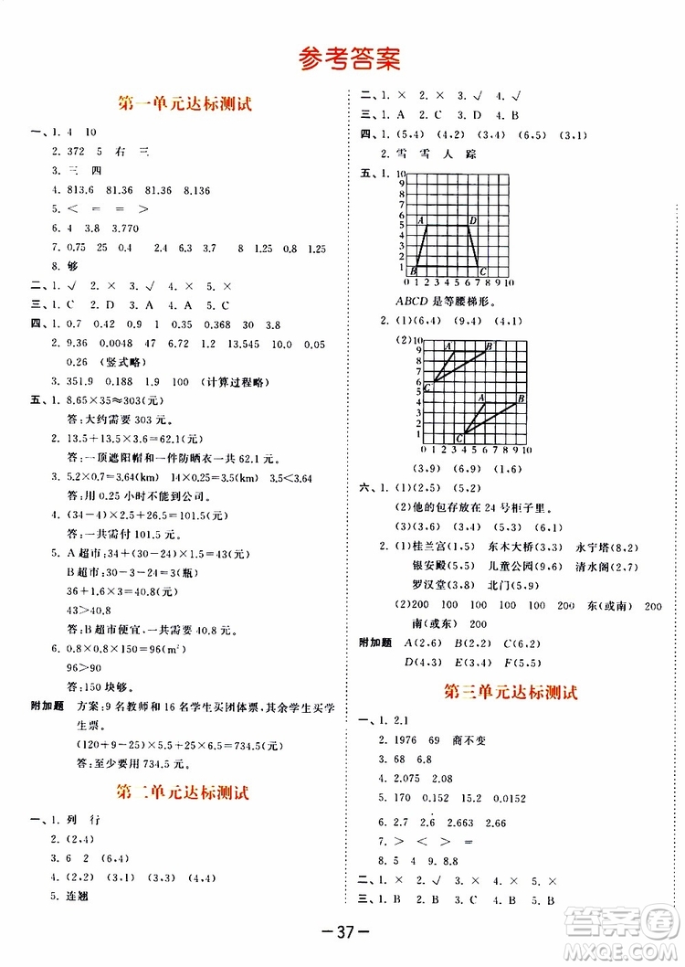 2019秋小兒郎53天天練五年級數(shù)學上冊RJ人教版參考答案