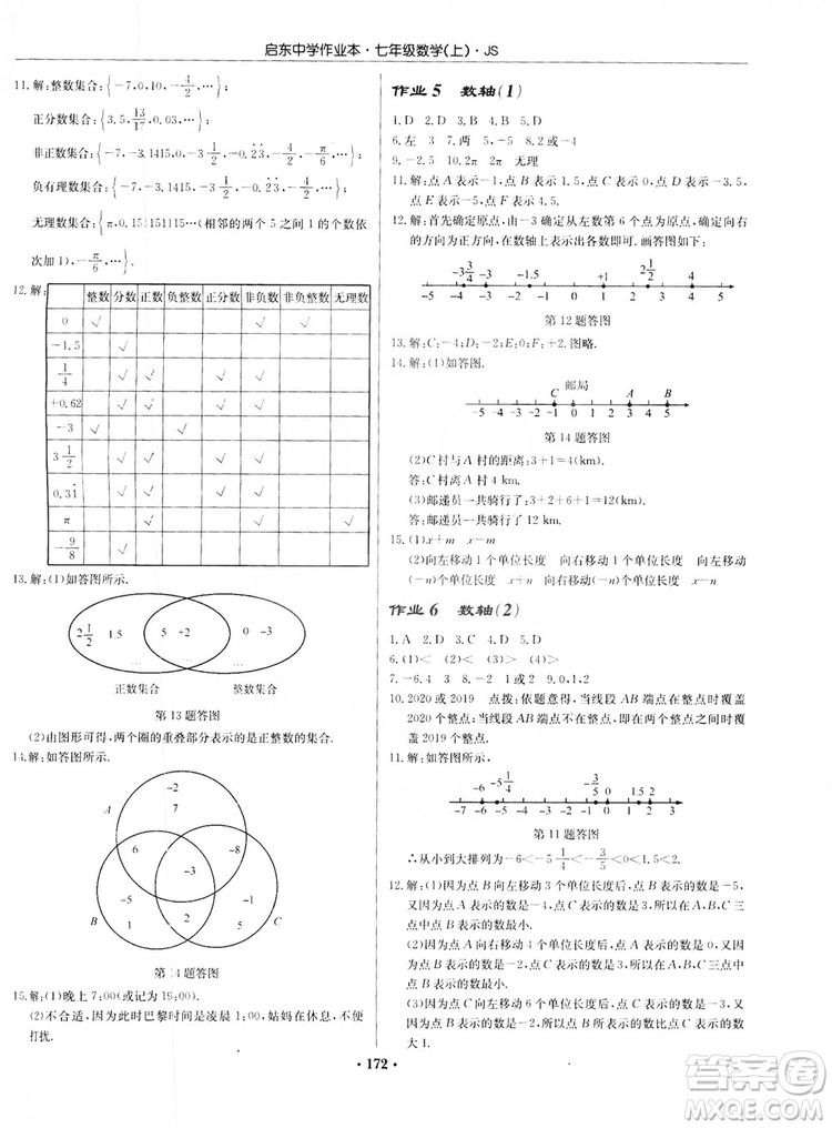 龍門書局2019啟東中學(xué)作業(yè)本7年級數(shù)學(xué)上冊江蘇JS版答案