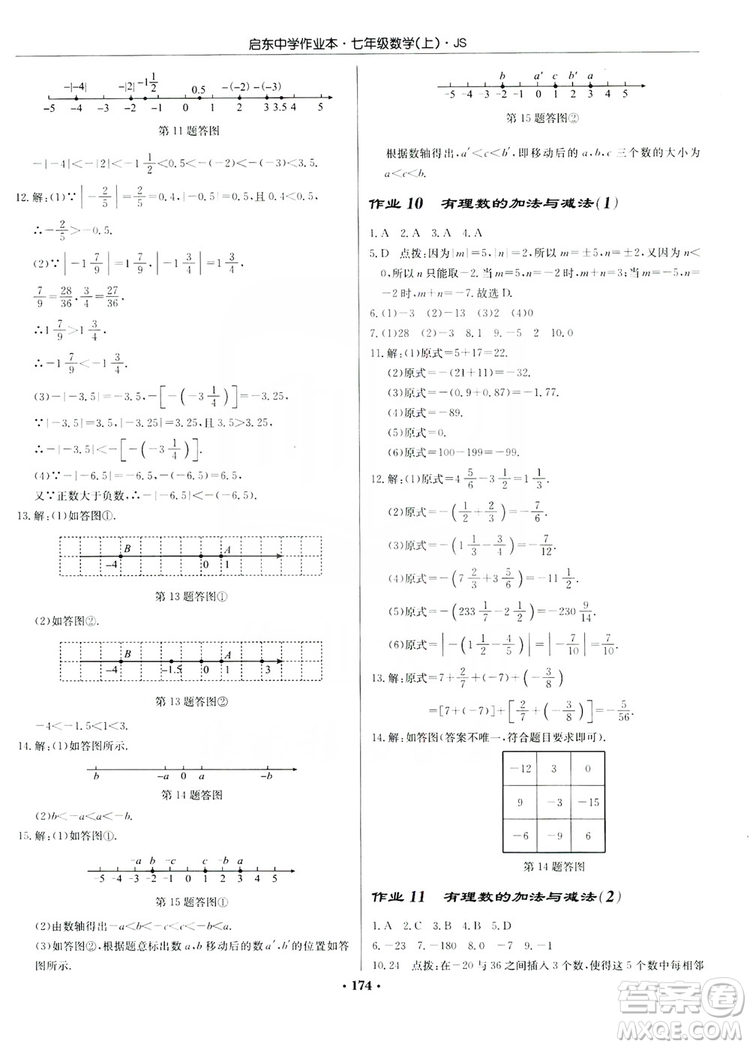 龍門書局2019啟東中學(xué)作業(yè)本7年級數(shù)學(xué)上冊江蘇JS版答案