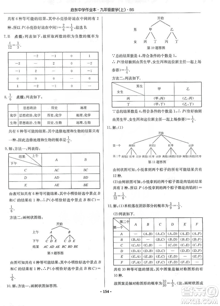 龍門書局2019啟東中學(xué)作業(yè)本九年級數(shù)學(xué)上冊北師大BS版答案