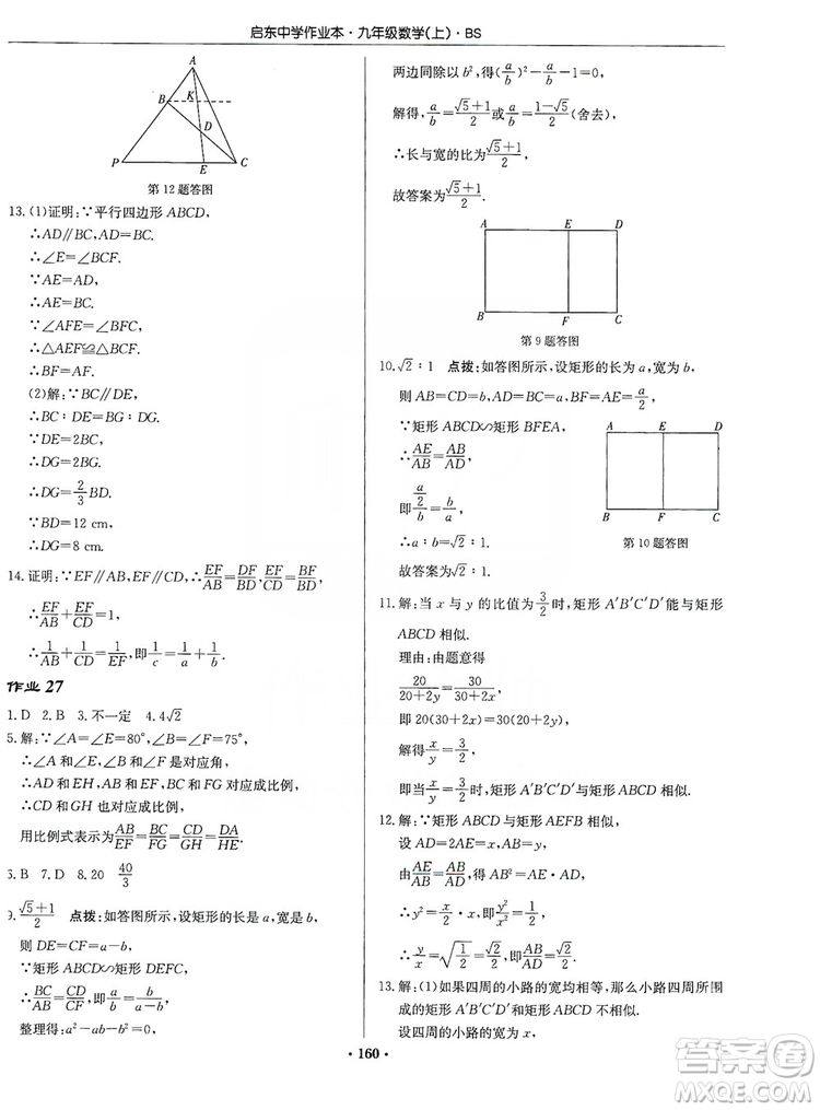 龍門書局2019啟東中學(xué)作業(yè)本九年級數(shù)學(xué)上冊北師大BS版答案