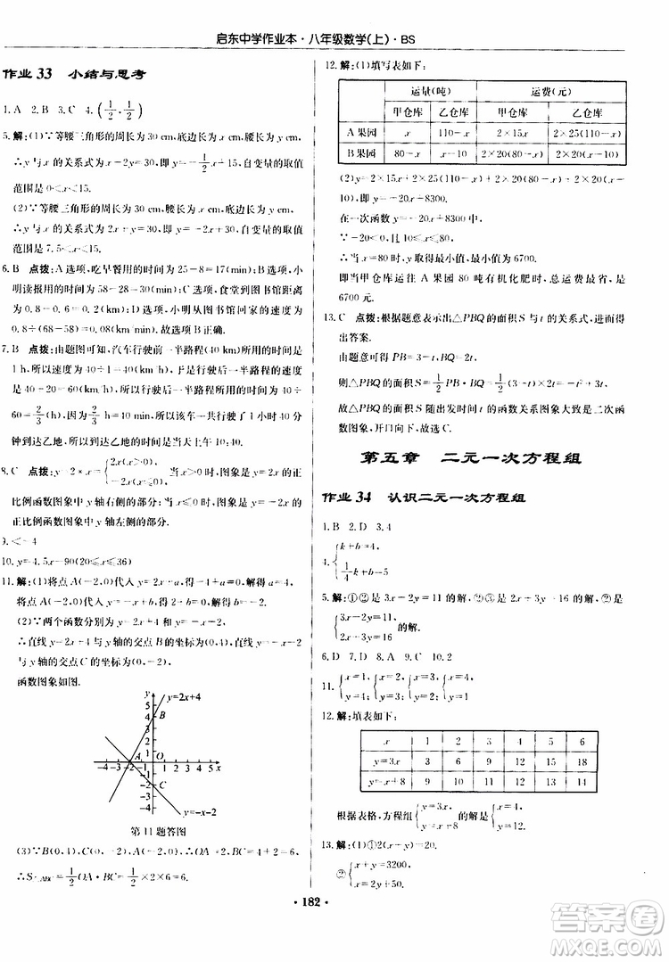 龍門書局2019秋啟東中學(xué)作業(yè)本數(shù)學(xué)八年級上冊BS北師版參考答案