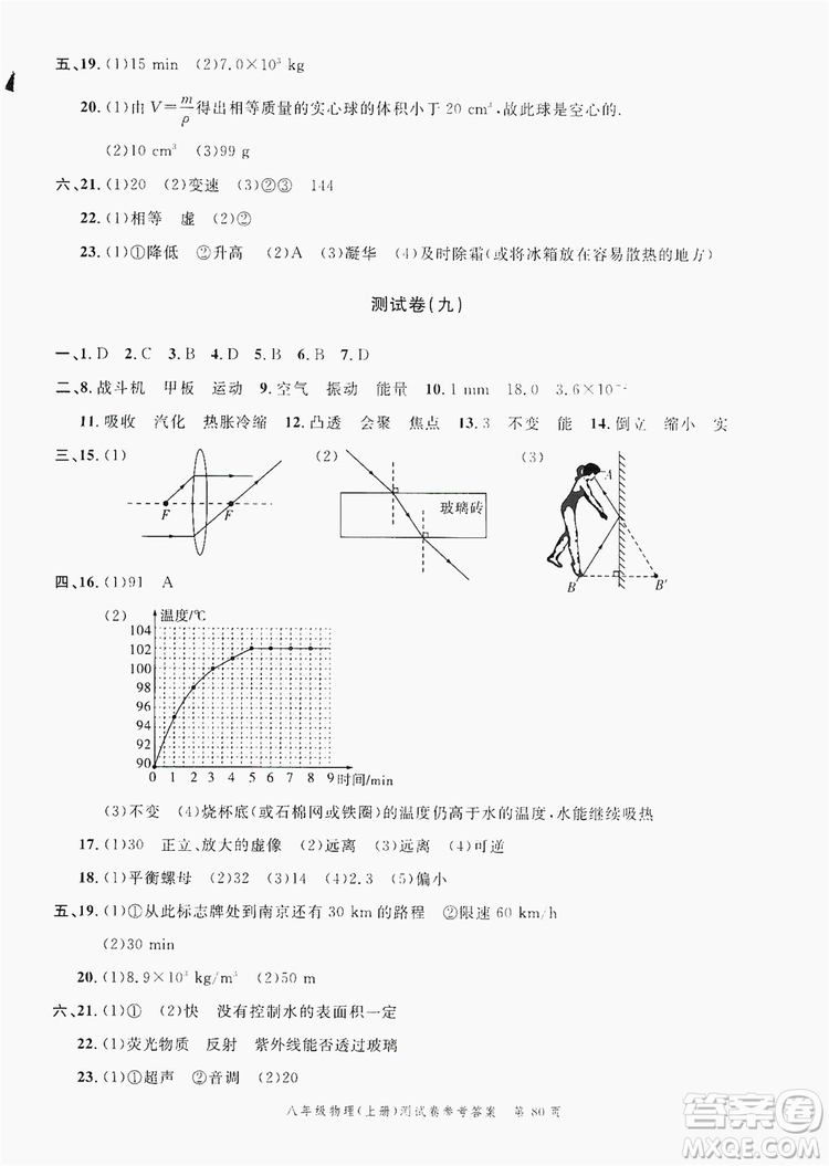 南粵學(xué)典2019年名師金典測試卷8年級物理上冊人教版答案