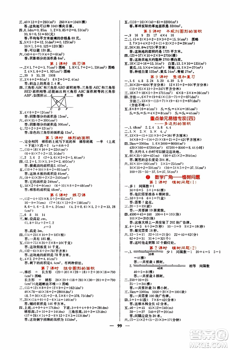 沈陽出版社2019年課堂點睛數(shù)學五年級上冊人教版參考答案