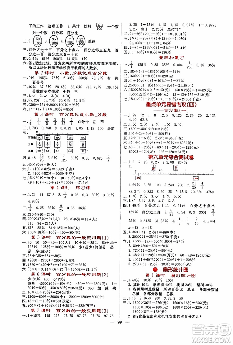 沈陽出版社2019年課堂點睛數(shù)學六年級上冊人教版參考答案