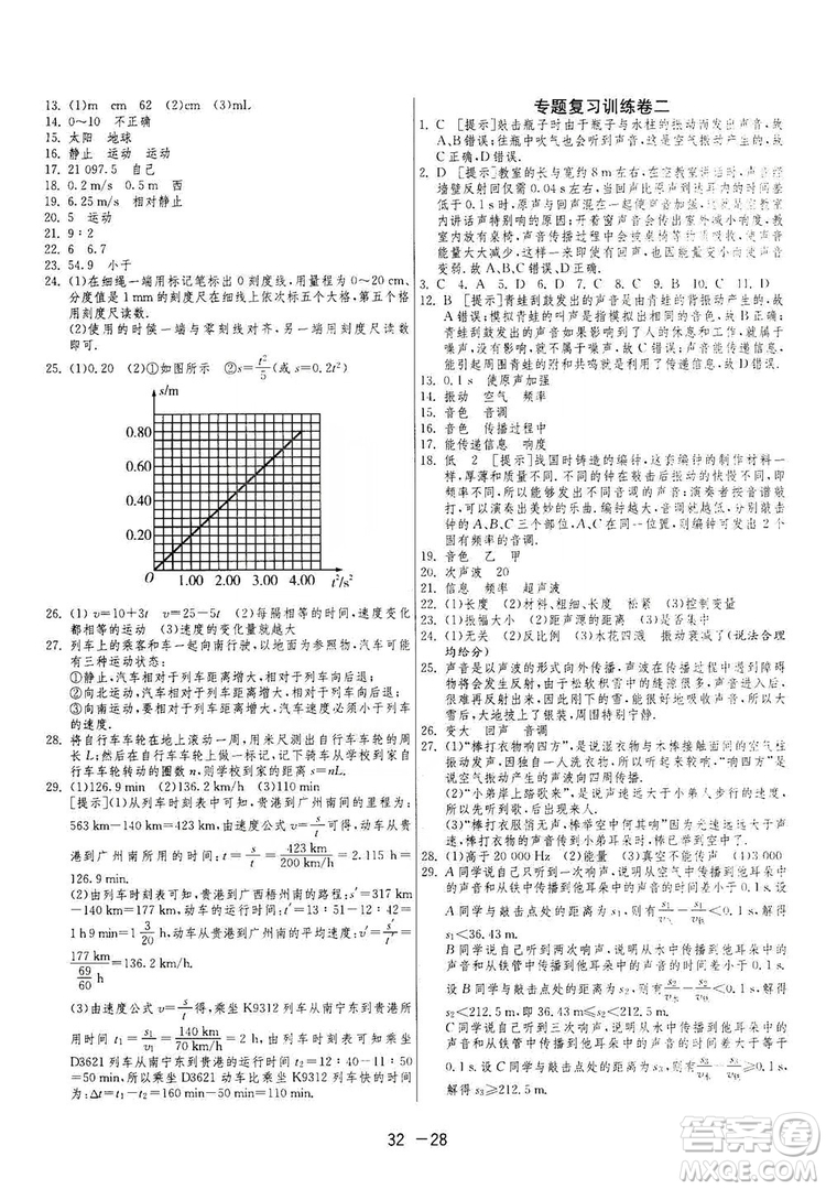 春雨教育2020升級版1課3練單元達標測試八年級上冊物理人教RMJY版答案