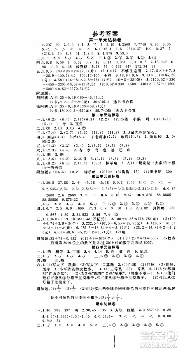 2019年學(xué)生課程精巧訓(xùn)練原創(chuàng)新課堂學(xué)練測(cè)數(shù)學(xué)五年級(jí)上冊(cè)RJ人教版參考答案