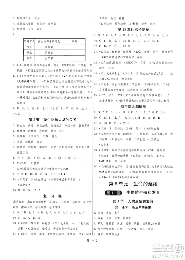 2019春雨教育1課3練單元達(dá)標(biāo)測試8年級上冊生物學(xué)北師大BSD版答案