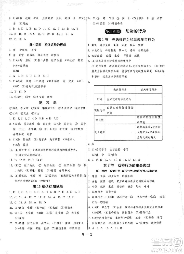 2019春雨教育1課3練單元達(dá)標(biāo)測試8年級上冊生物學(xué)北師大BSD版答案