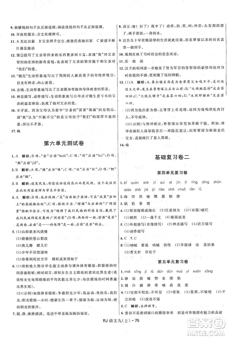 2019奪冠百分百初中優(yōu)化測試卷九年級語文人教版上冊答案