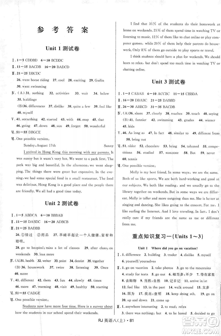 2019奪冠百分百初中優(yōu)化測試卷八年級英語人教版上冊答案