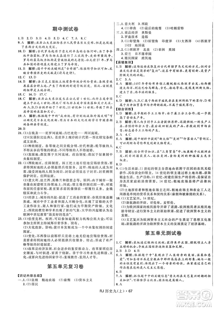 2019奪冠百分百初中優(yōu)化測(cè)試卷九年級(jí)歷史人教版上冊(cè)答案