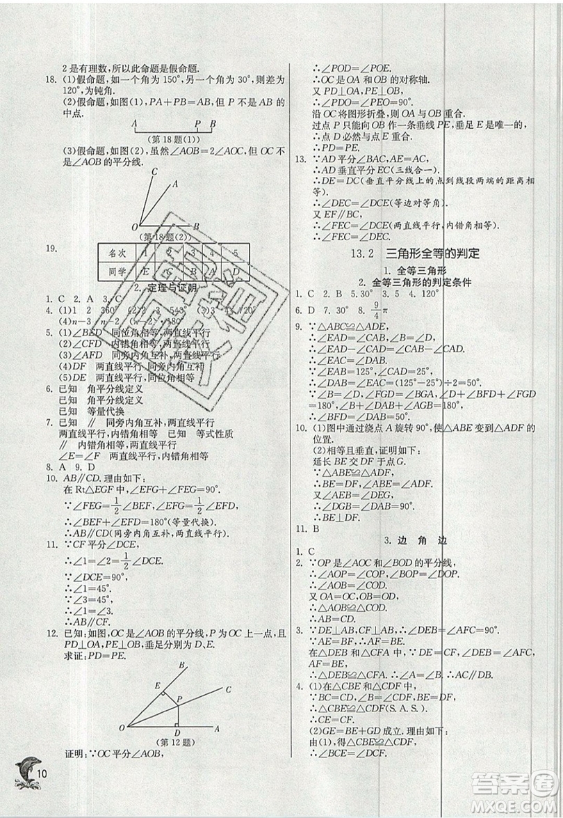 江蘇人民出版社春雨教育2019秋實(shí)驗(yàn)班提優(yōu)訓(xùn)練八年級數(shù)學(xué)上冊HSD華師大版參考答案